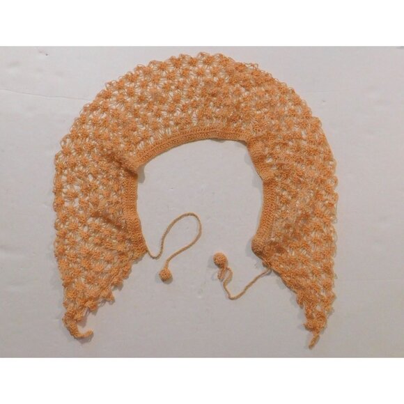 Vintage Crochet Lace Collar Peach Handmade Pom Pom Ties Bolero Shrug 6 Inch - Picture 7 of 7